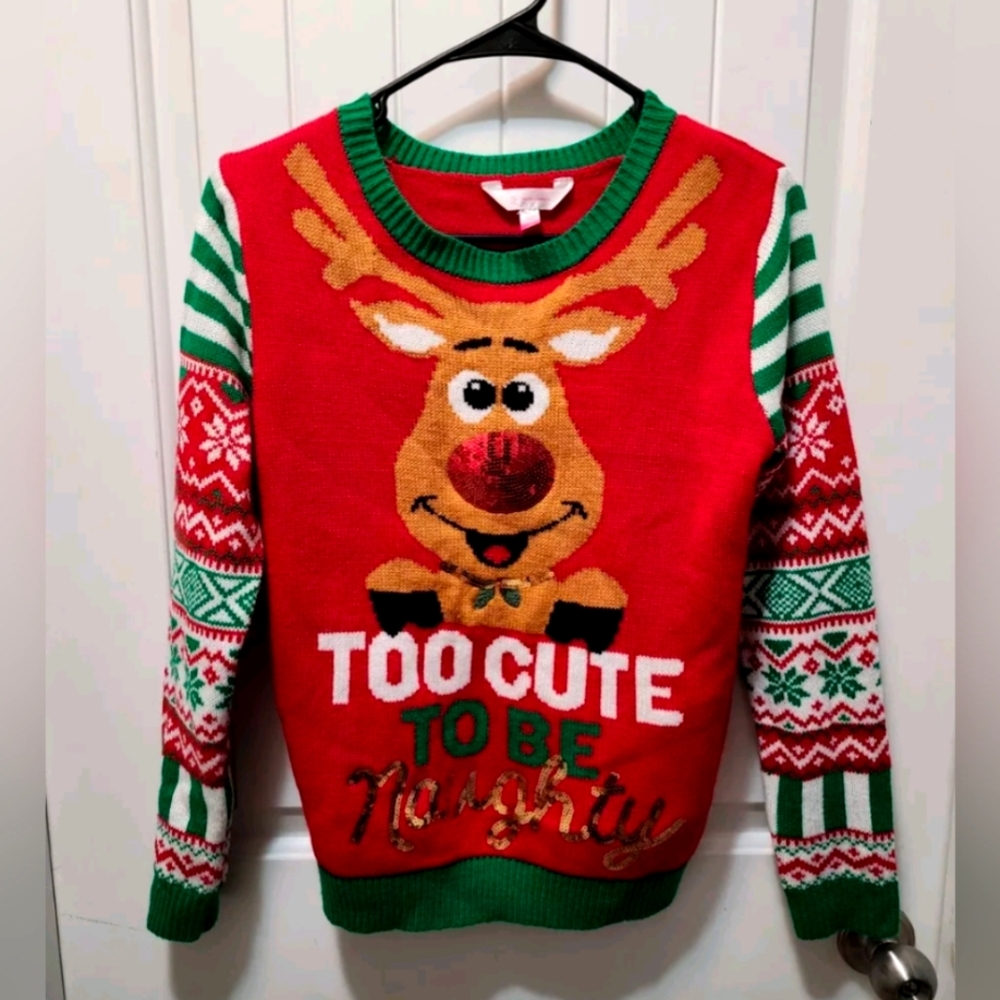 No Boundaries Too Cute To Be Naughty Ugly Christmas SWEATER Juniors M (7-8)